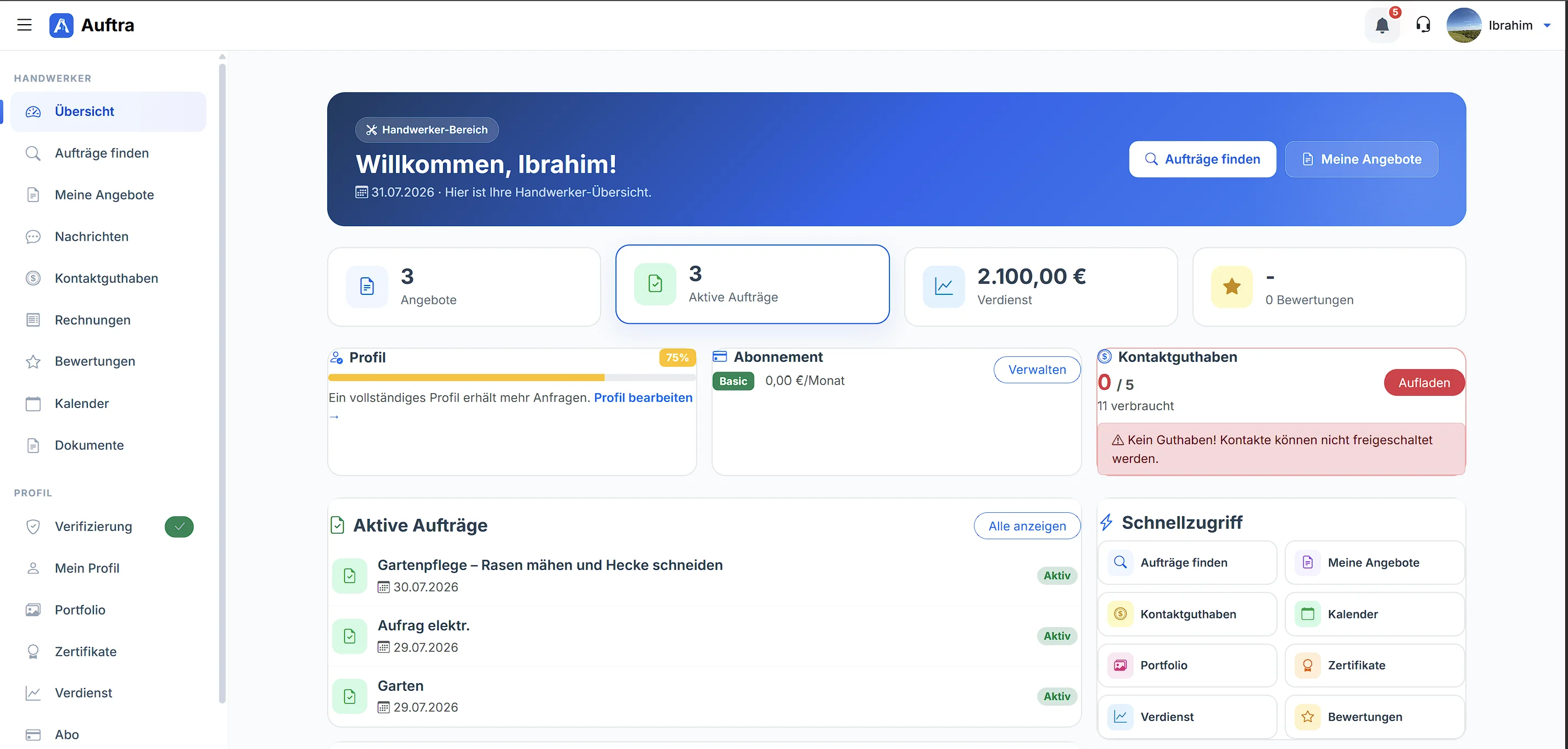 Auftra Handwerker-Dashboard – Aufträge, Verdienst, Angebote und Schnellzugriff übersichtlich auf einen Blick