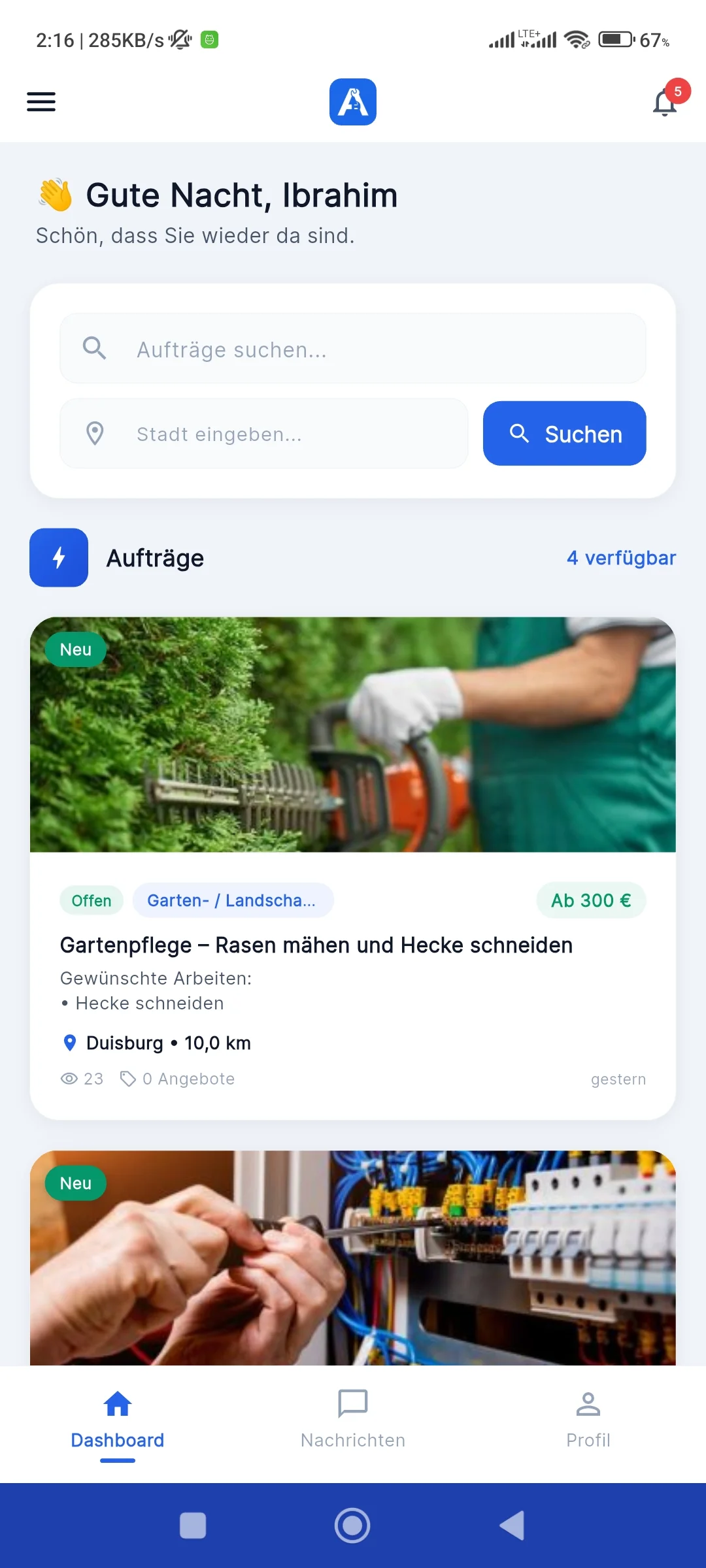 Auftra App – Handwerker-App mit Dashboard, Aufträgen in der Nähe, Angeboten und Chat-Funktion