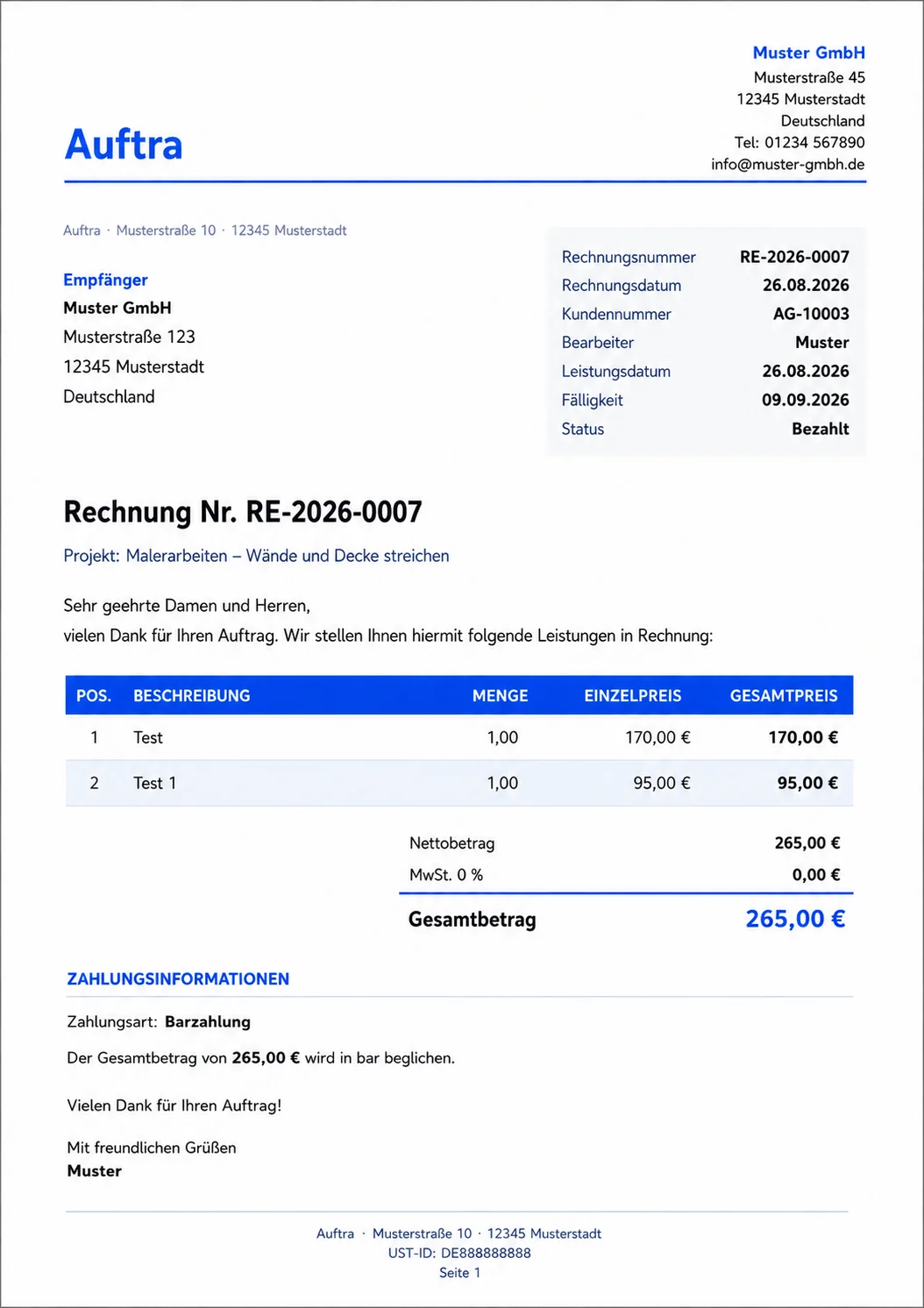 Auftra Rechnungssoftware: Handwerker erstellen PDF-Rechnungen mit allen gesetzlichen Angaben nach §14 UStG – kostenlos, direkt aus der Plattform per E-Mail an Auftraggeber senden